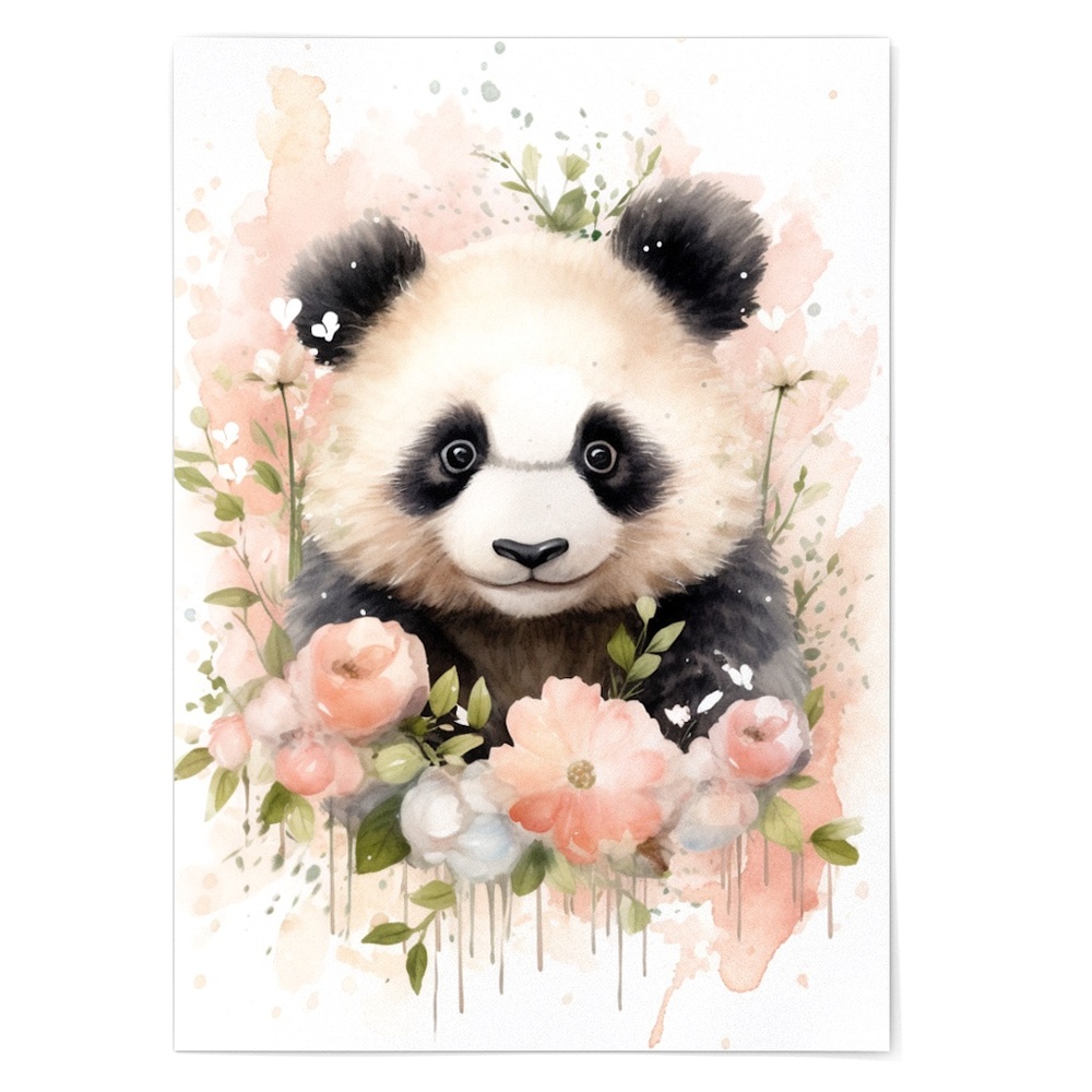 Watercolor Panda Bear With Flowers Portrait Wall Art Illustration Print Unframed - Picture 6 of 6